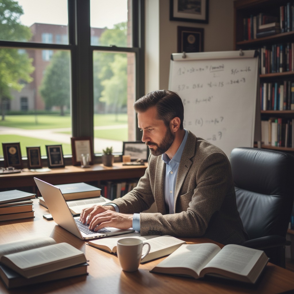 Un profesor universitario con chaqueta y barba escribe en su portátil en un despacho con libros y una ventana con vistas al campus.